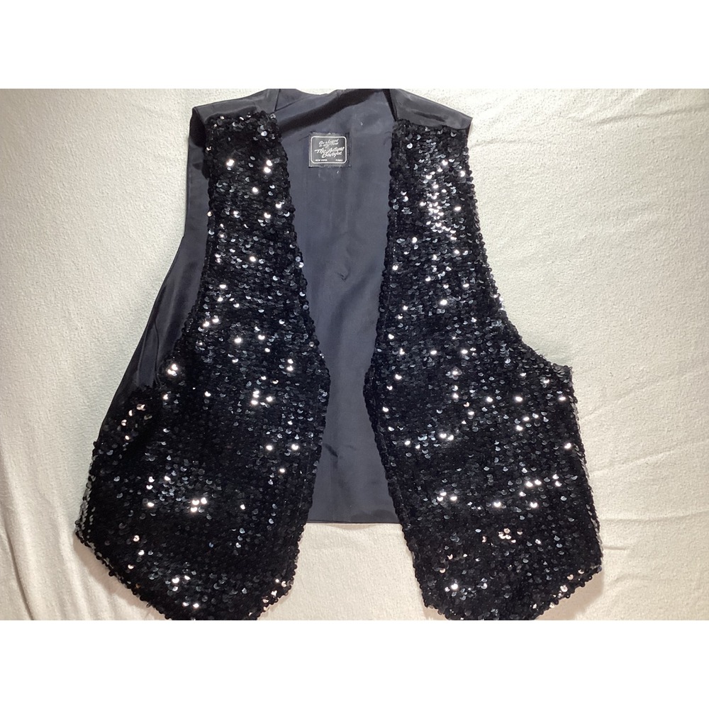 The Antique Boutique Black Sequin Vest Vintage Glam Open Front Sleeveless Top
